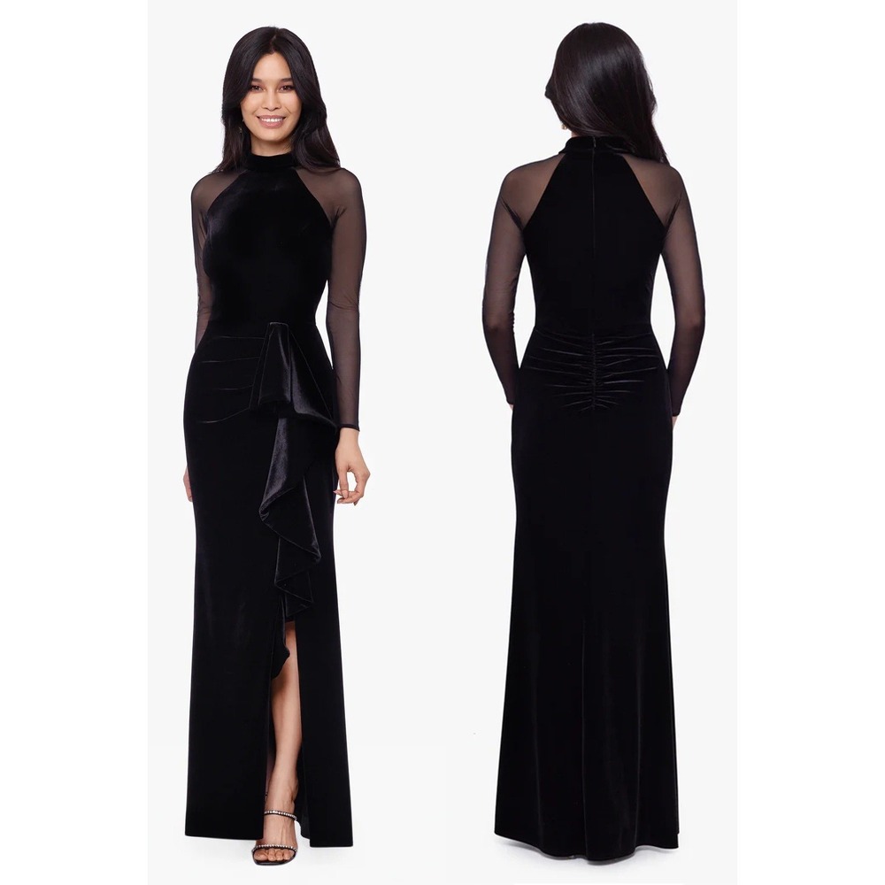 Betsy & Adam Valentina Long Velvet Mesh Illusion Sleeve Dress Size 12 Black Gown